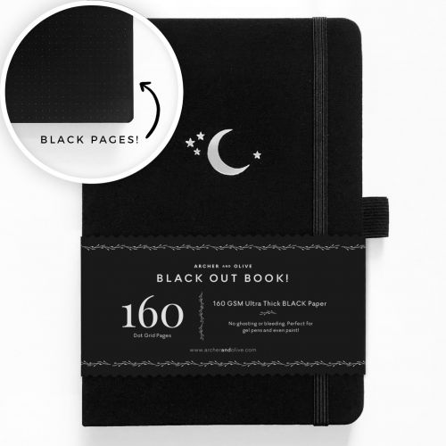Archer & Olive A5 Silver Crescent Blackout Dot Grid Notebook 160pp Black/Silver (NEW)
