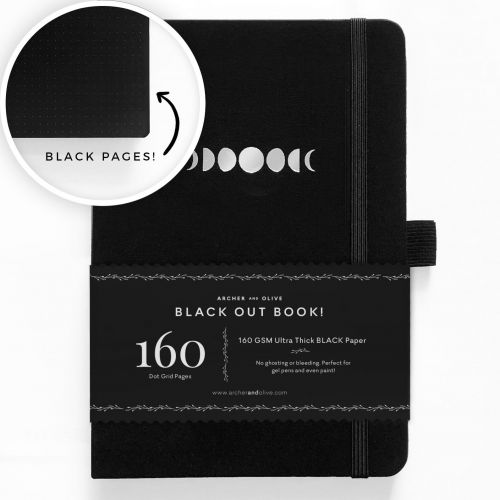Archer & Olive A5 Moon Phases Blackout Dot Grid Notebook 160pp Black/Silver (NEW)