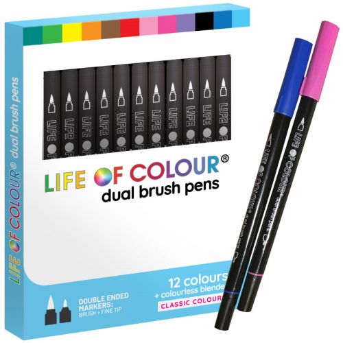 Life of Colour - Dual-Tip Brush Pens - Set of 12 (NEW)